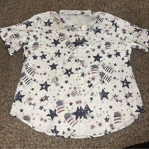 NWOT White and Blue Casual Button Down Shirt with Patriotic Pattern